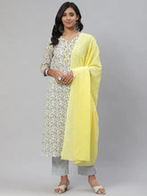 Women White Navy Blue Ethnic Printed Pure Cotton Kurta With Trousers Dupatta